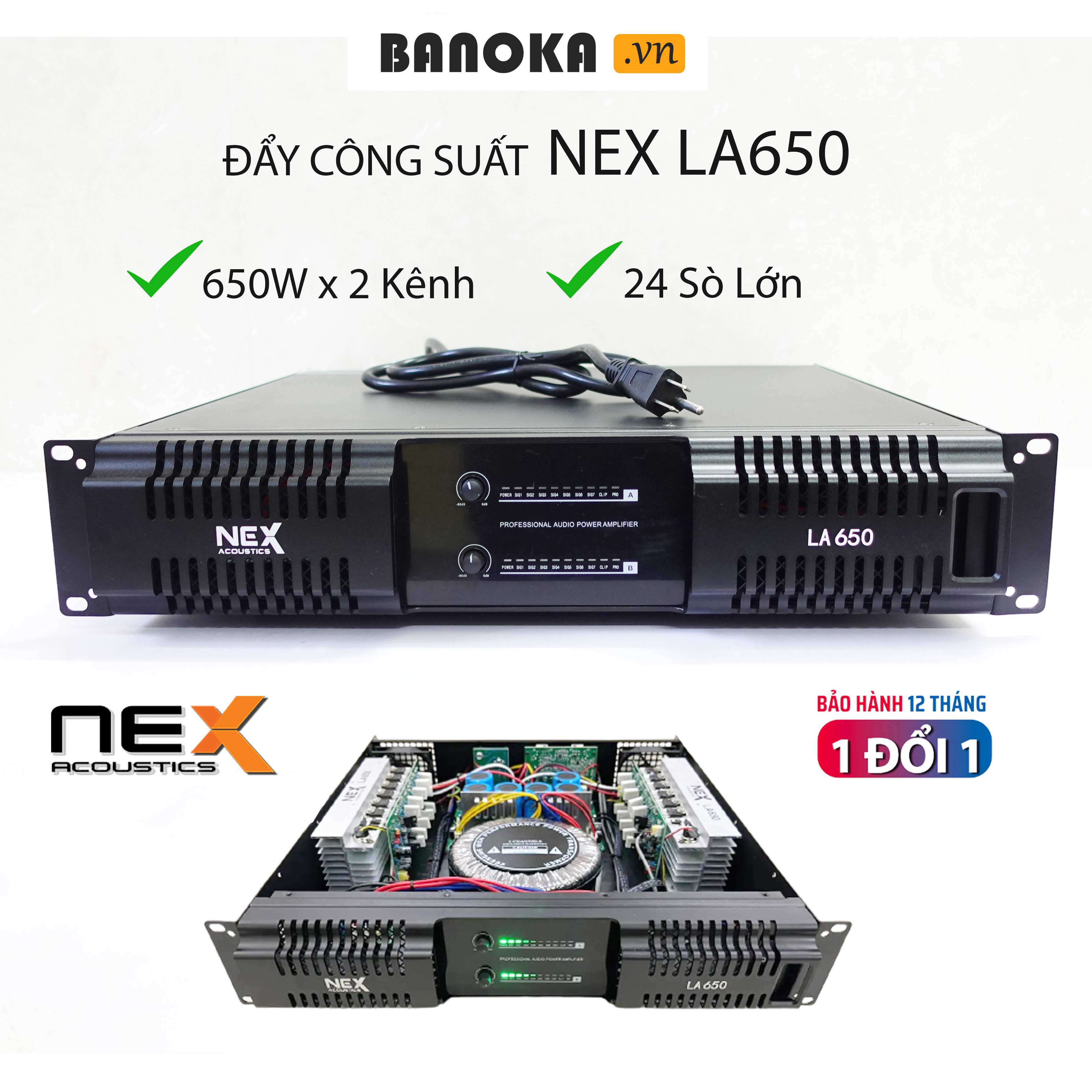 Cục đẩy công suất 2 kênh NEX LA650, Công suất mỗi kênh 650w, 24 sò lớn